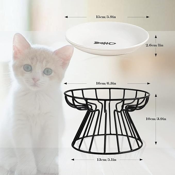 Cat Bowls, Elevated Cat Bowl, Raised Ceramic Dish with Metal Stand, Pet Water or Food Feeding Station for Indoor Cats, Kitten, Puppies and Small Dogs, Dishwasher Safe