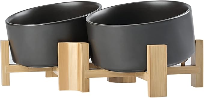 SPUNKYJUNKY 15° Slanted Ceramic Dog and Cat Bowl with Wooden Stand, Tilted Bulldog Food and Water Bowl No Slip Non-Spill for Cats Medium Dogs Big Face Pets 28.7 OZ (3.6 Cups, Black × 2)