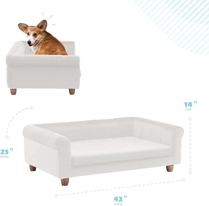 Critter Sitters 42-In. Elegant Cream Faux-Velvet Rectangular Dog Sofa for Medium and Large Dogs, Durable Elevated Dog Sofa Bed, Comfortable Dog Couch, Modern and Stylish Dog Sofa for Large Dogs