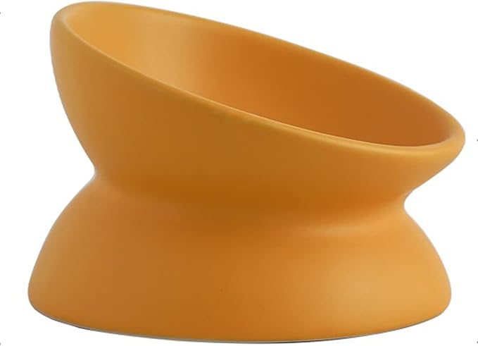 Ceramic Raised Cat Bowl, Cat Food Bowls Elevated Tilted, Ceramic Pet Bowl Whisker Friendly, Anti Vomit & Reduce Neck Burden for Food and Water (Yellow)