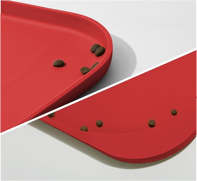 Silicone Pet Feeding Mat with Raised Edge & Residue Collection Pocket for Food and Water, Dog Bowl Mats, Cat Bowls Placemat with High Lip for Floor Waterproof, 24 x 16 x 0.8 Red