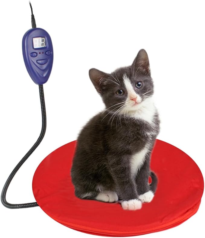 NAMSAN Heating Pad for Cats Small Dogs Heated Dog Bed Round Cat Tree Heating Bed Rabbit Warming Pad, Temperature Adjustable, Chew Resistant Cord, Red
