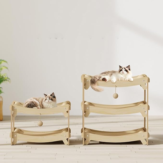 Multi-Level Sisal Cat Scratcher Bed | 2 & 3-Tier Wooden Cat Tower with Sisal Scratching Surface | Wood Pet Furniture (Large)