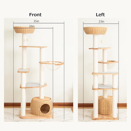 Wooden Cat Tower for Large Cats 63’‘, Modern Multi-Level Condo with Natural Wood, Indoor Cat Furniture for Medium and Big Pets (White 81007s)