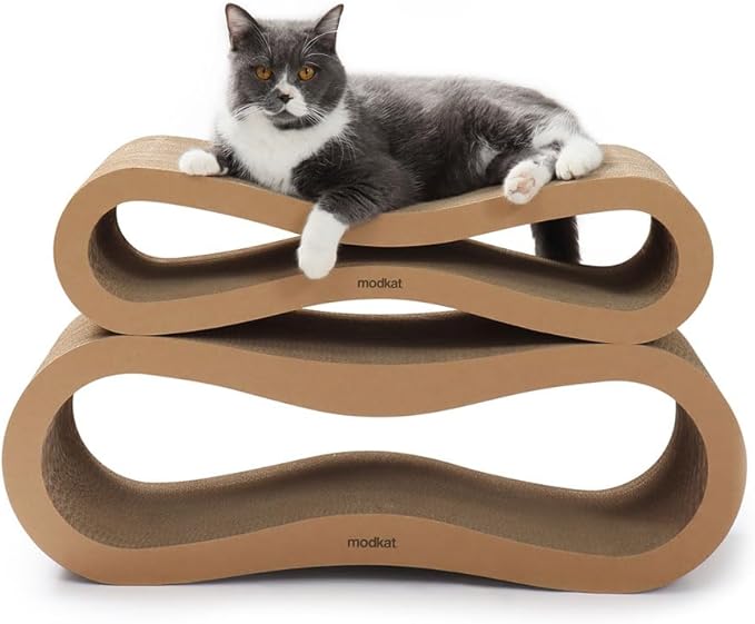 Modkat® Premium 2 Cat Scratcher Set. Large (30L X 10.6H in.) and Small (26.6L X 7H in.) Sizes. Scratch, Play Lounge. High-Grade Cardboard, 100% Recyclable, Reversible.
