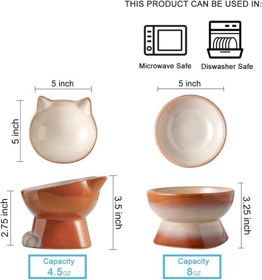 Nihow Elevated Cat/Dog Bowls Set : 5 Inch Ceramic Raised Cat Food & Water Bowl Set for Protecting Pet's Spine - Feeding & Watering Supplies for Pets - Elegant Brown (2 PC)