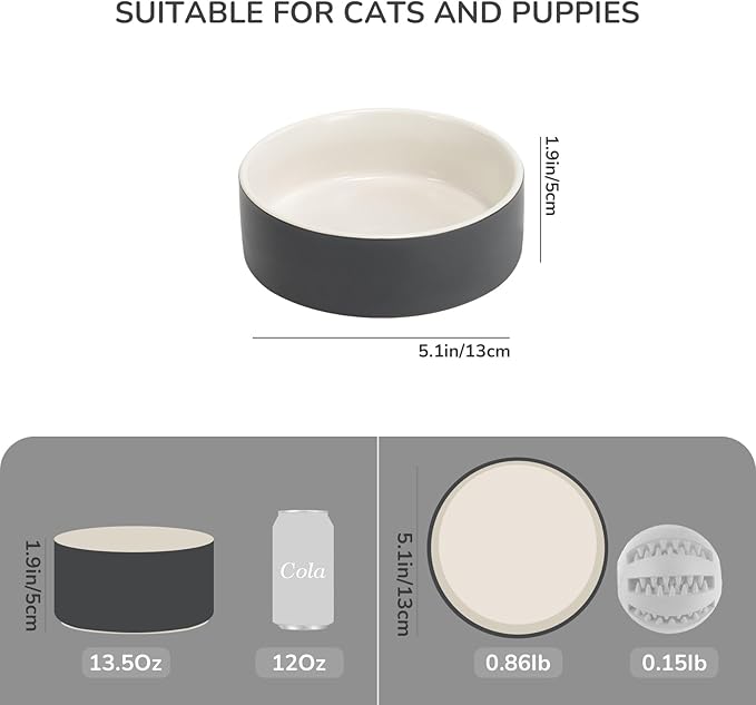 SPUNKYJUNKY 13.5OZ Ceramic Dog and Cat Bowl, Modern Cute Weighted Food Water Bowl for Replacement White-Grey (2 Pack)