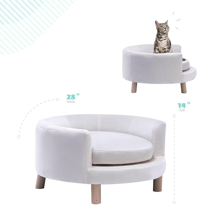 Critter Sitters 28-In. Elegant Circular Dog & Cat Sofa, Modern Elevated Pet Bed in Faux-Velvet White, Comfortable for Small to Medium-Sized Pets