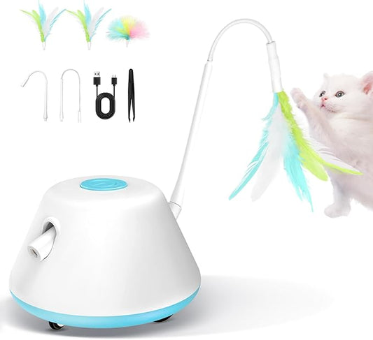 Automatic Cat Toy Interactive Cat Toys for Indoor Cats with 3 Removable Feathers & 3 Speed Play Modes,USB Rechargeable Smart Excercise Toy for for Multi-cat Family Adult Bored Kittens