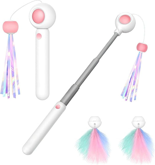 Interactive Cat Toys — Semi-Automatic Retractable Wand Toy and 2 Extra Feather Toy Refills, for Indoor Cats to Chase, Play, and Exercise