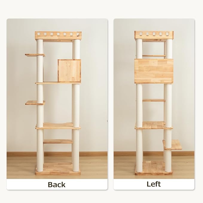 74" Wooden Cat Tree Tower for Large Cats, Multi-Level Cat Climbing Furniture with Scratching Posts, Cat Condo & Hammock, Natural Wood Cat Activity Center (White)