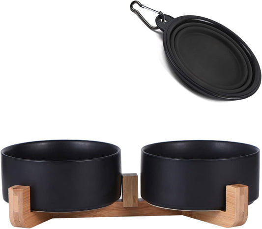 Petygooing Ceramic Dog Cat Bowls Set with Stand,Black Pet Food and Water Bowl,Small Dog Bowls Cute Modern Anti Slip Set of 2 Pet Feeder Small Size Pet Dish(13.5OZ/5.1 in)