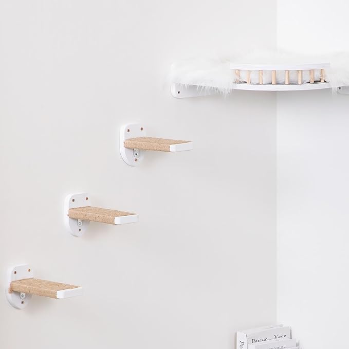 3-in-1 Cat Wall Steps with Hemp Rope, Solid Wood Cat Ladder for Climbing and Playing (Large-White)