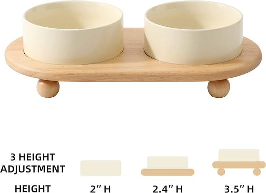 Ceramic Elevated Cat Food and Water Bowl, Kitty Bowl, Raised Cat Dish, Pet Feeder (5.1 in, 2 x Beige + Stand)