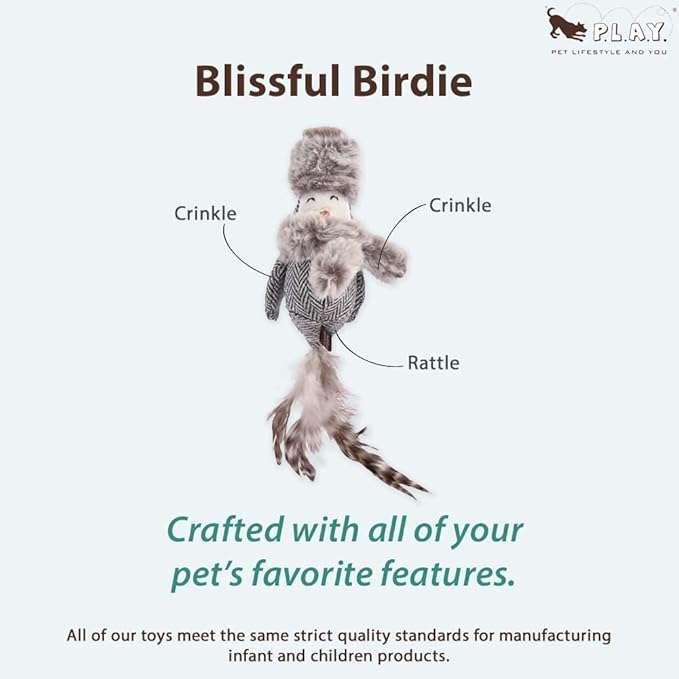 P.L.A.Y. Cute Cat Toys - Holiday & Christmas Themed Organic Catnip Filled Toy, Great for Adult Cats and Kittens - Machine Washable, Recycled Materials, Rattles, Crinkles, Feathers (Blissful Birdie)