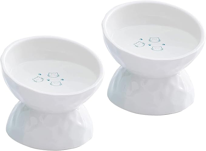 OMAYKEY Ceramic Raised Cat Bowls, Tilted Elevated Cat Food and Water Bowl Set, Porcelain Stress Free Pet Feeder Dish for Cats and Small Dogs, Dishwasher and Microwave Safe, White & White, Set of 2