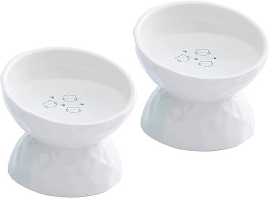 OMAYKEY Ceramic Raised Cat Bowls, Tilted Elevated Cat Food and Water Bowl Set, Porcelain Stress Free Pet Feeder Dish for Cats and Small Dogs, Dishwasher and Microwave Safe, White & White, Set of 2