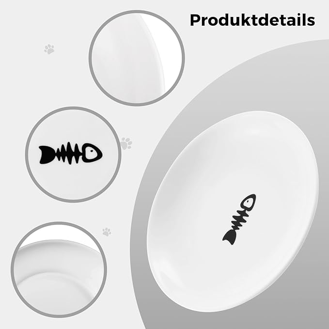 Cute Fish Bone Design Cat Bowls - Wide & Shallow Ceramic Feeding Dishes for Wet & Dry Food, Kittens to Cats