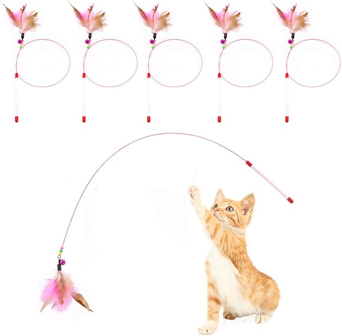 Cat Feather Toy, Cat Toys Wand, Bundle of 5 Pack Interactive Pet Cat Kitten Chaser Teaser Wire Wand with Bell Beads for Cat Exercise Play Fun Gifts - Wholesale