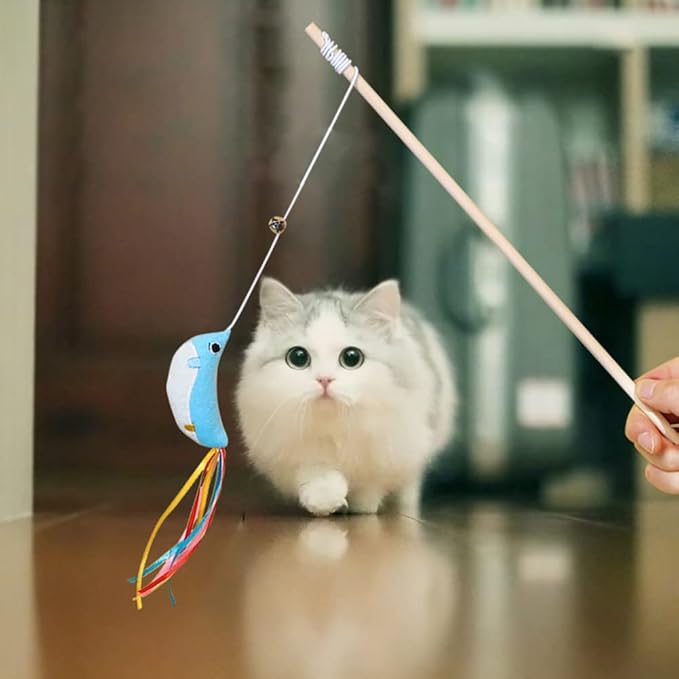 IUHKBH Cat Wand, 3 PCS Interactive Kitten Toys Wooden Handle Kitten Teaser Toys with Cute Fish Tail Sturdy Cat Sticks
