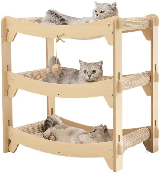 Multi-Level Sisal Cat Scratcher Bed | 2 & 3-Tier Wooden Cat Tower with Sisal Scratching Surface | Wood Pet Furniture (Large)
