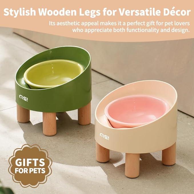 Ceramic Elevated Cat Bowls, Adjustable Raised Double Bowls Set, Pet Bowl with Anti Slip Rubber Pad, Leak-Proof, Stress Neck Free Food & Water Bowls for Small Dogs Geen