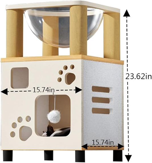 Pet Sleeping House Wooden,Cat Scratcher Box House,Log Color and White Large Cat Shelter,Wooden Box Pet House (Height, 23.62in)