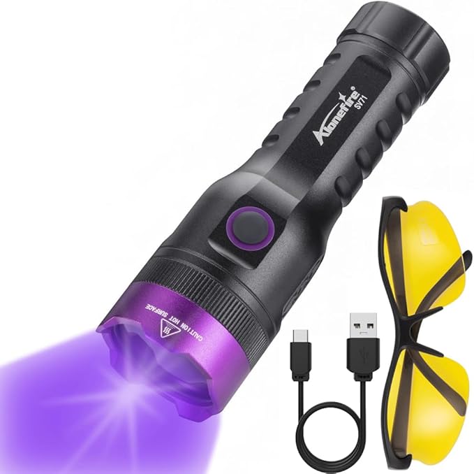 ALONEFIRE SV71 365nm UV Flashlight Strong 15W USB C Rechargeable Black Light Money Detector for Resin Curing, Pet Urine, Scorpion, Fishing, Mineral, Rocks, Glue with UV Protective Glasses, Battery