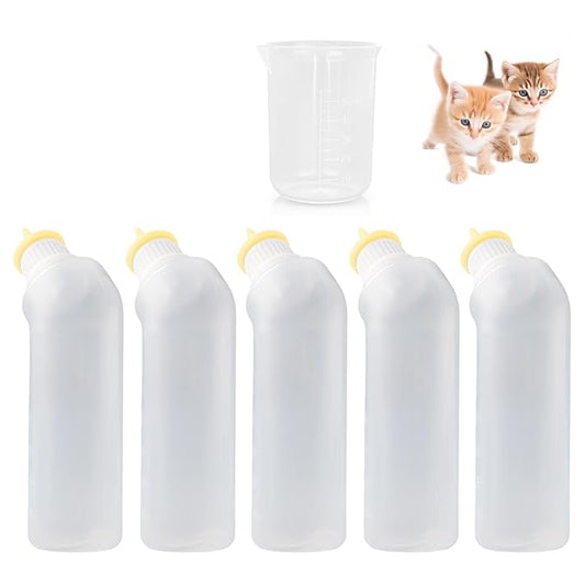 5Pack Kitten Bottle for Nursing Puppy Milk Kitten Bottles Feeding Kit Silicone Nipple for Newborn Pets Kittens, Puppy,Squirrel (Yellow)