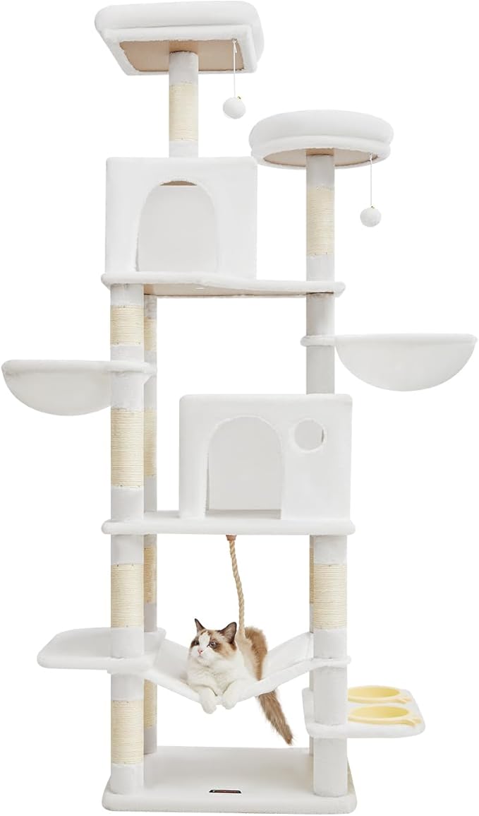 Taoqimiao 76-Inch Cat Tree Cat Tower for Indoor Cats, Plush Multi-Level Cat Condo with 12 Scratching Posts, 2 Perches, 2 Caves, Hammock, 2 Pompoms MS016C Cream White