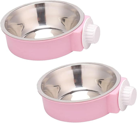 2Pcs Pets Lightweight Stainless Steel Bowl,Removable Stainless Steel Pet Hanging Food Water Feeder Bowl Cage Coop Cup for Puppy Medium Dog Cat Rabbit Ferret Bird Gunea Pigs (Pink, S)