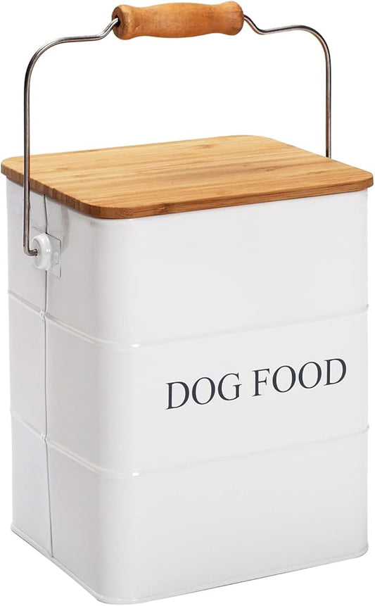 Dog Food storage container Dog Treats Jar,5~6 lb Metal food treats tin for Dog, pet snacks Canisters with wooden lid/handle/sevice scoop-White