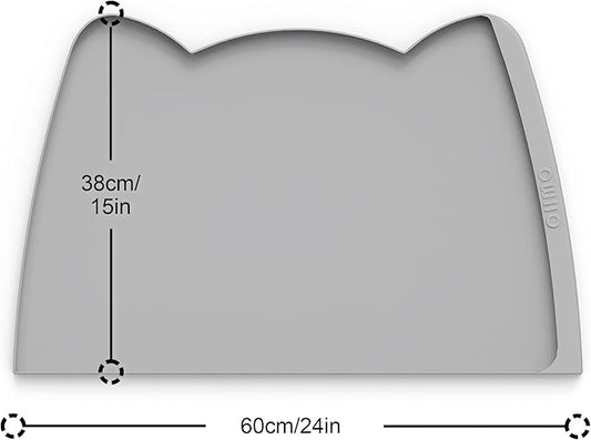 OHMO Dog Food Mat(Ash, 24 * 15'') w/Residue Collection Pocket Silicone Pet Feeding Mat for Floor High Edges Anti Spills Waterproof Cat Water Bowl Tray, Easy Clean Placemat
