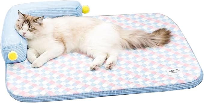 Summer Cooling Cat Bed-Cooling Cat Mat with 4.33inch Pillow for Kittens & Cats, Machine-Washable Cushion Calming Bed for Persian, Siamese, Small Pets (Blue-21"x15"x4")
