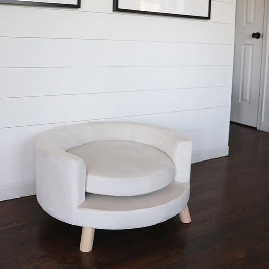 Critter Sitters 28-In. Elegant Circular Dog & Cat Sofa, Modern Elevated Pet Bed in Faux-Velvet White, Comfortable for Small to Medium-Sized Pets