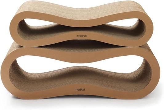 Modkat® Premium 2 Cat Scratcher Set. Large (30L X 10.6H in.) and Small (26.6L X 7H in.) Sizes. Scratch, Play Lounge. High-Grade Cardboard, 100% Recyclable, Reversible.