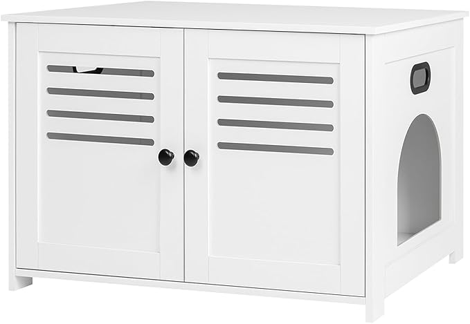 DINZI LVJ Litter Box Enclosure, Cat Litter House with Louvered Doors, Entrance Can Be on Left or Right, Large Hidden Cat Washroom for Most of Litter Box, Furniture Cabinet, White