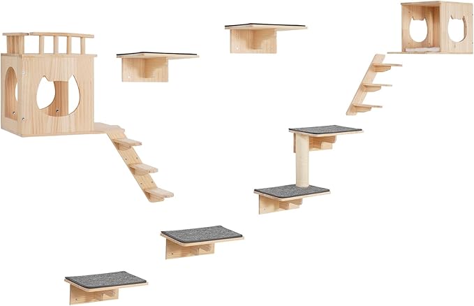 VEVOR Wall Mounted Cat Shelves, Perches with Jumping Boards,Hammocks & Cat Tree, Cat Furniture and Shelves up to 40 lbs for Sleeping, Playing, Climbing, Set of 9