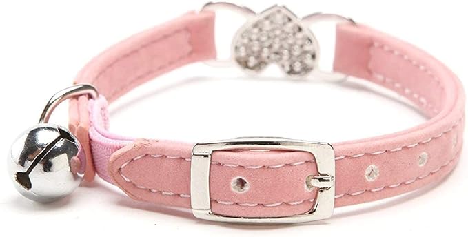 CHUKCHI Pink Soft Velvet Safe Cat Adjustable Collar with Crystal Heart Charm and Bells 8-11 Inches(Black+Pink)
