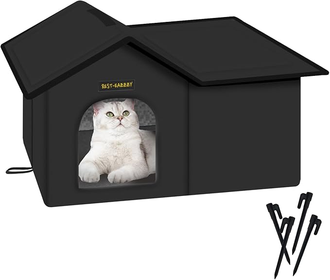 Rest-Eazzzy Cat House for Outdoor Cats, Weatherproof and Insulated Feral Cat House with Mat and Clip, Easy to Put Together, Selfwarming Cat Shelter for Winter (Black, Waterproof House-L)