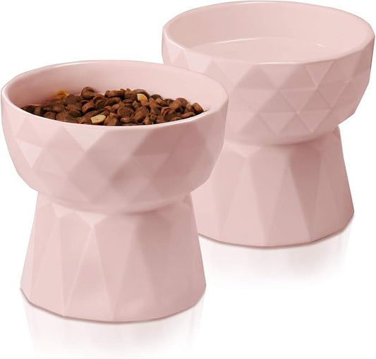 Frewinky Ceramic Cat Bowls Anti-Vomiting, Raised Food and Water Bowl Set for Cats and Small Dogs, 13.5 Oz, Pink