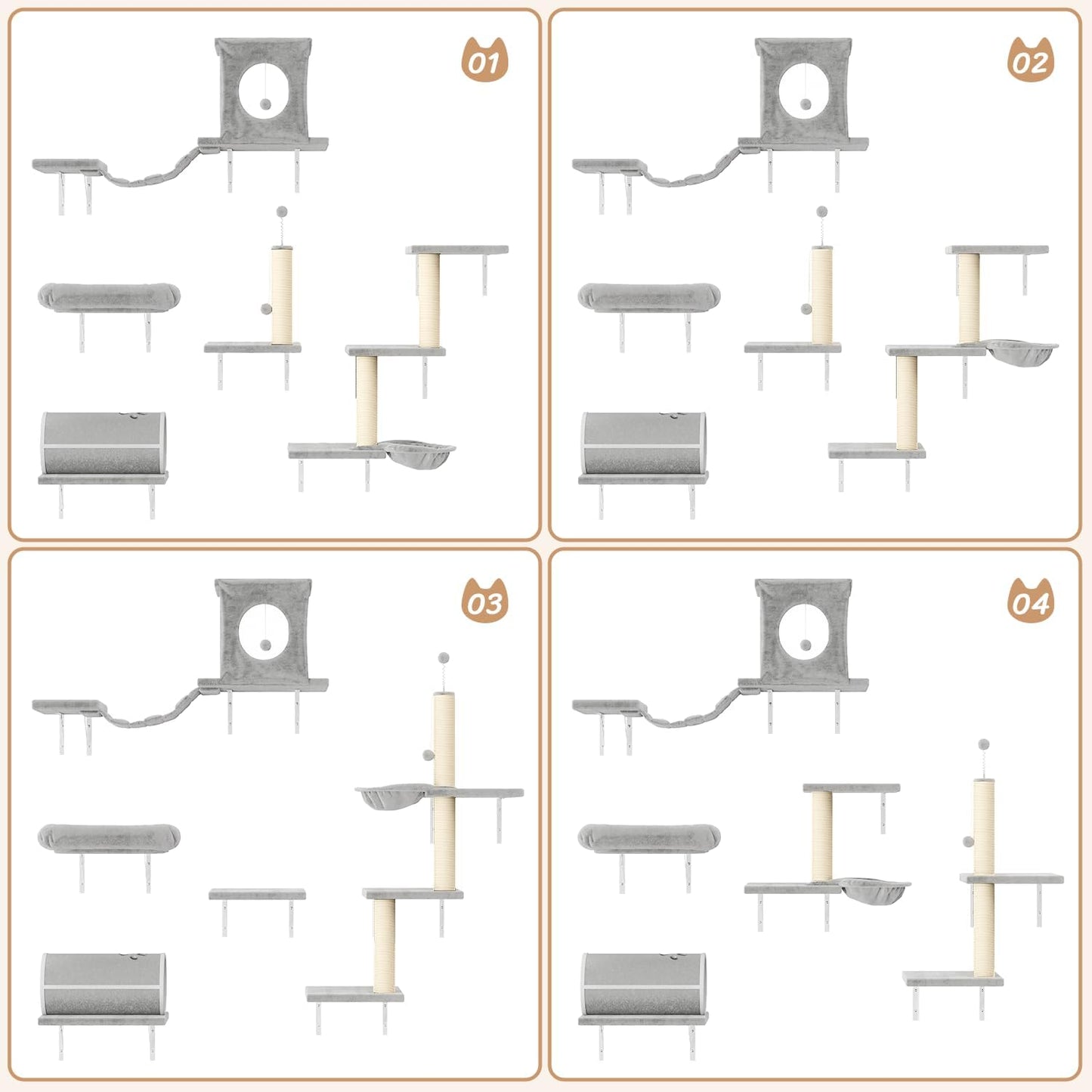 NUNU LAB Wall Mounted Cat Furniture, 7 Pcs Cat Wall Shelves with House, Tunnel, Bridge, Steps, Scratcher, Hammock, Bed, Indoor Safe & Stable Furniture for Kittens Play, Gray