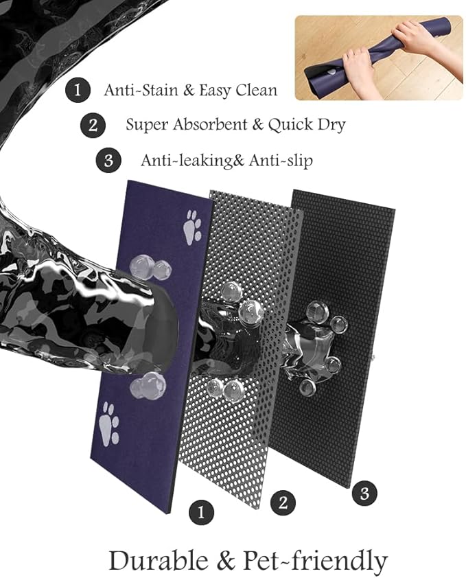Pet Feeding Mat-Absorbent Dog Mat for Food and Water Bowl-No Stains Quick Dry Water Dispenser Mat-Dog Accessories Pet Supplies-Bowl for Messy Drinkers（Navy,12"x19"