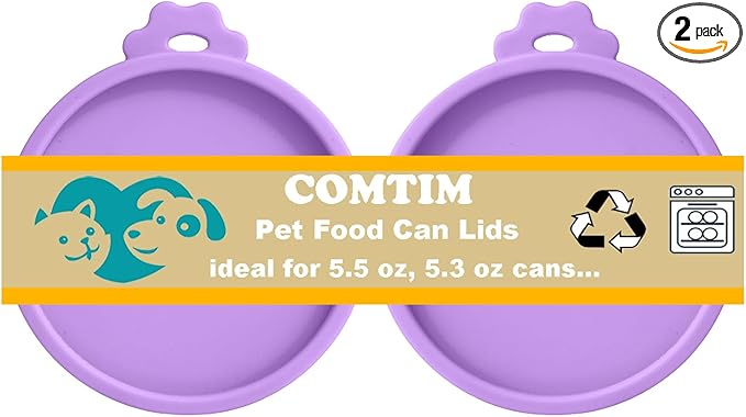 Comtim Cat Food Can Covers Lids for 5.5 oz Cans, 2 Pack Silicone Cat Food Can Lids for 5.5 oz 5.3 oz Cans...Pet Food Can Covers Reusable Can Toppers Savers for Wet Food (Lilac purple)
