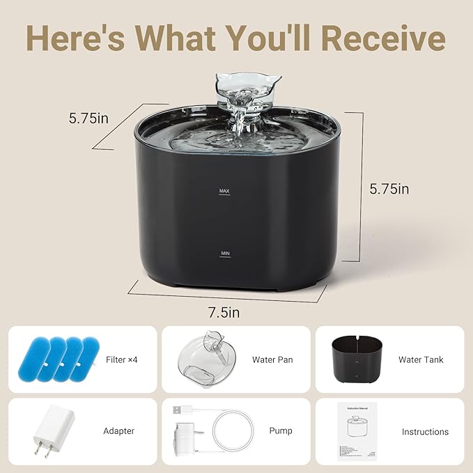 Meill Cat Water Fountain, 75Oz/2.2L Dog Water Bowl Dispenser with Filter Indoor for Small Pets, Automatic Shut-Off for Low Water Level, Water Level Visible, Ultra-Silent, 4 Filters, Black