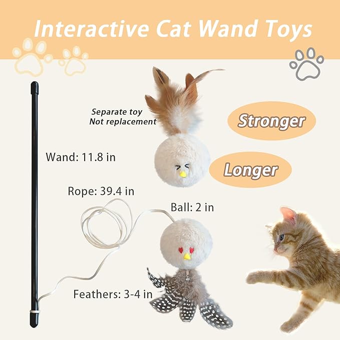 3 PCS Cat Wand Feather Toy, Cat Teaser Sticks with Catnip & Bell Interactive Plush Ball Cats Toys for Indoor Play Chase Exercise with Kittens