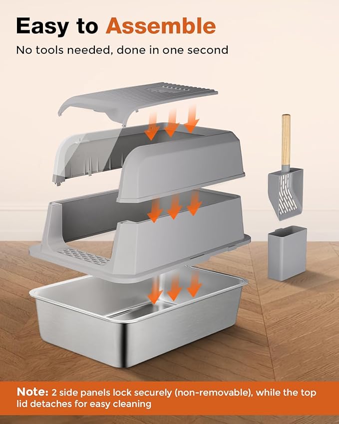 Stainless Steel Litter Box with Lid - Extra Large Cat Litter Boxes for Big Cats with Mat & Scoop - Anti-Leakage, Odor-Proof, High-Sided, Non-Stick＆ Easy to Clean - Ideal for Multi-Cat Homes - Gray