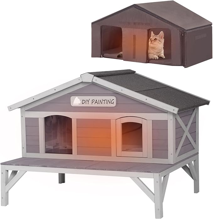 Outdoor Cat House with Insulated Liner,Weatherproof Outside Feral Kitten Shelter for Winter,Wooden Cat Codons with Large Balcony