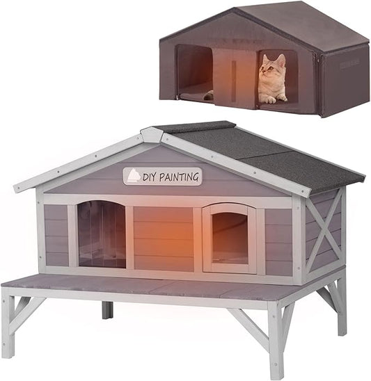 Outdoor Cat House with Insulated Liner,Weatherproof Outside Feral Kitten Shelter for Winter,Wooden Cat Codons with Large Balcony