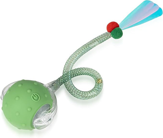 Interactive Cat Toys Ball for Indoor Cats, Automatic Moving Ball Toy with Elastic Mesh Tail, Chirping & Obstacle Avoidance and Motion Activated, Green【Rechargeable】